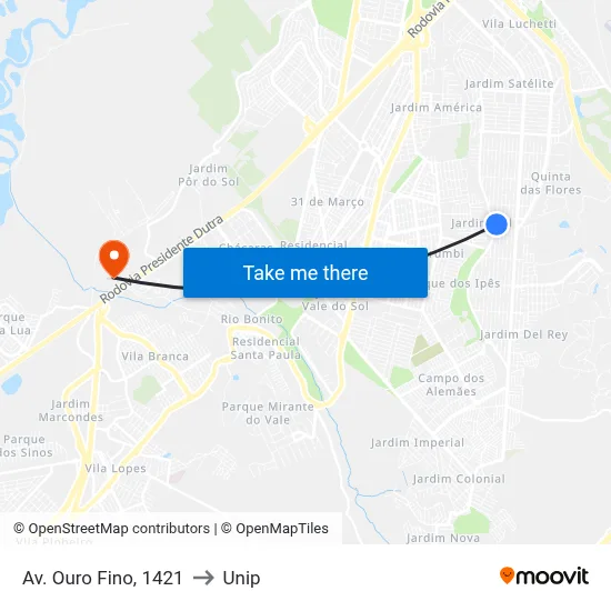 Av. Ouro Fino, 1421 to Unip map