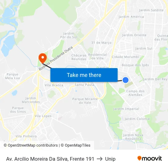 Av. Arcílio Moreira Da Silva, Frente 191 to Unip map