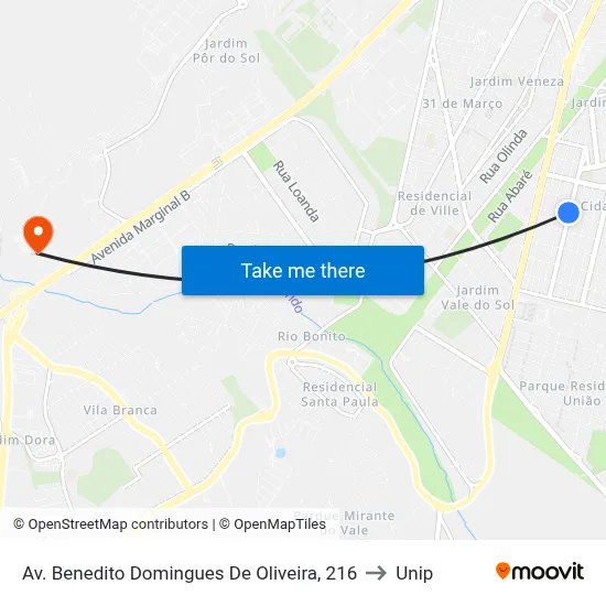 Av. Benedito Domingues De Oliveira, 216 to Unip map