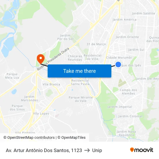 Av. Artur Antônio Dos Santos, 1123 to Unip map