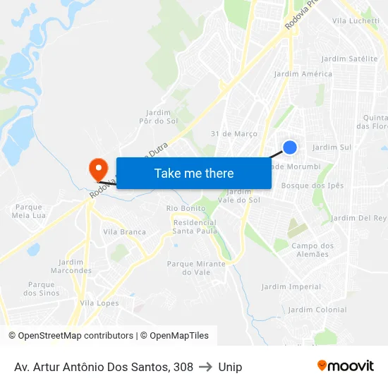 Av. Artur Antônio Dos Santos, 308 to Unip map