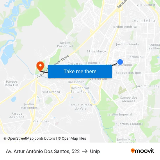 Av. Artur Antônio Dos Santos, 522 to Unip map