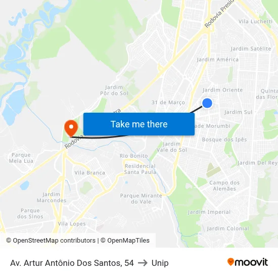 Av. Artur Antônio Dos Santos, 54 to Unip map