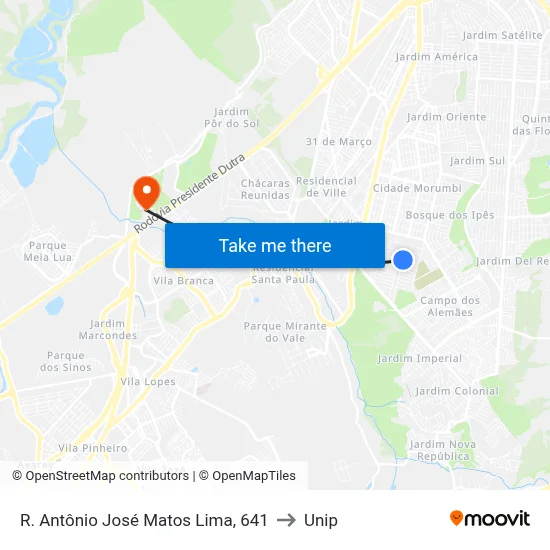 R. Antônio José Matos Lima, 641 to Unip map
