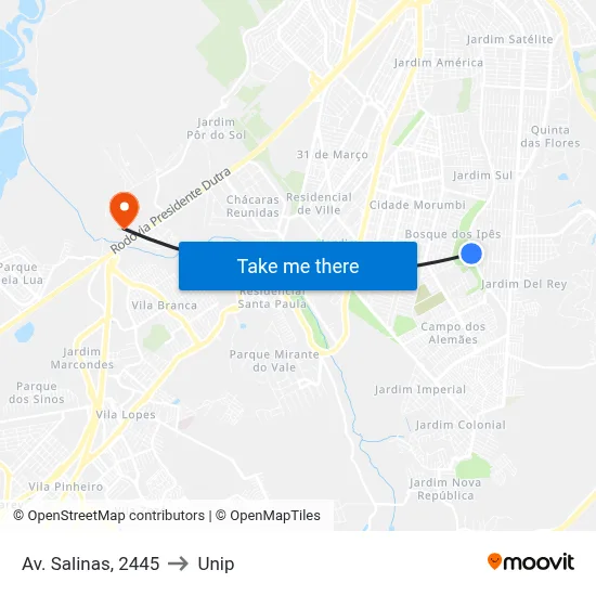 Av. Salinas, 2445 to Unip map