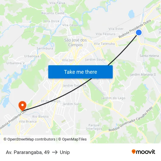 Av. Pararangaba, 49 to Unip map