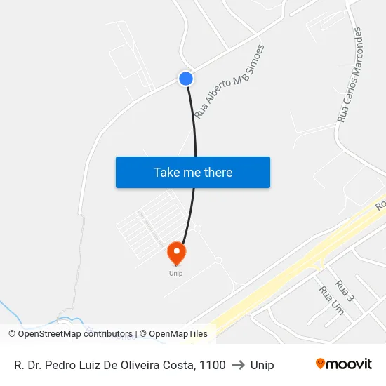 R. Dr. Pedro Luiz De Oliveira Costa, 1100 to Unip map