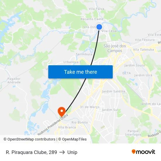 R. Piraquara Clube, 289 to Unip map
