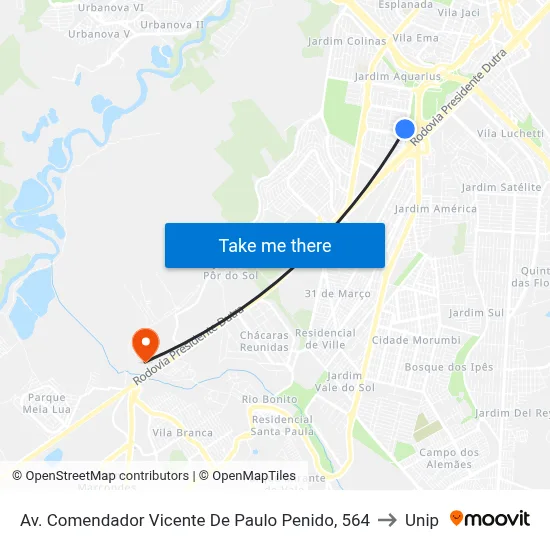Av. Comendador Vicente De Paulo Penido, 564 to Unip map