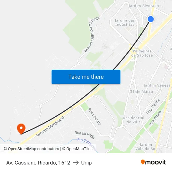 Av. Cassiano Ricardo, 1612 to Unip map