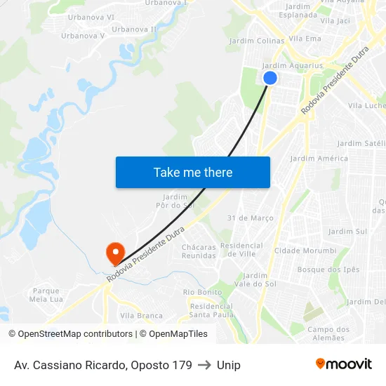 Av. Cassiano Ricardo, Oposto 179 to Unip map