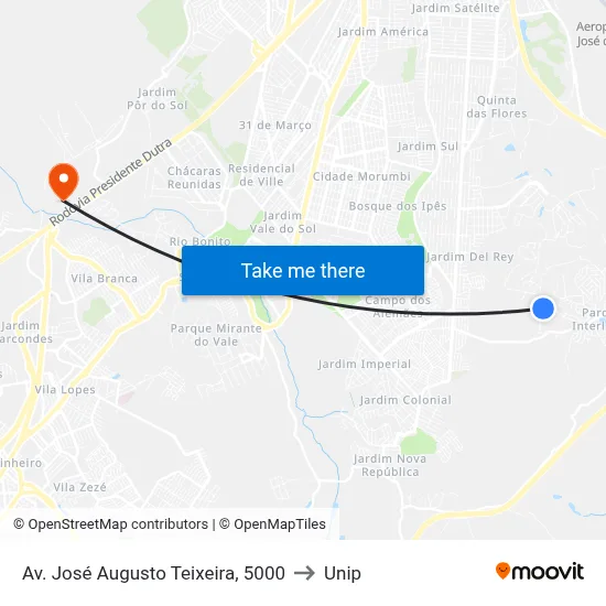 Av. José Augusto Teixeira, 5000 to Unip map