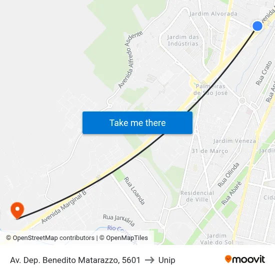 Av. Dep. Benedito Matarazzo, 5601 to Unip map