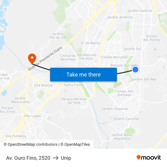 Av. Ouro Fino, 2520 to Unip map