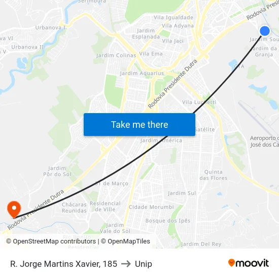 R. Jorge Martins Xavier, 185 to Unip map