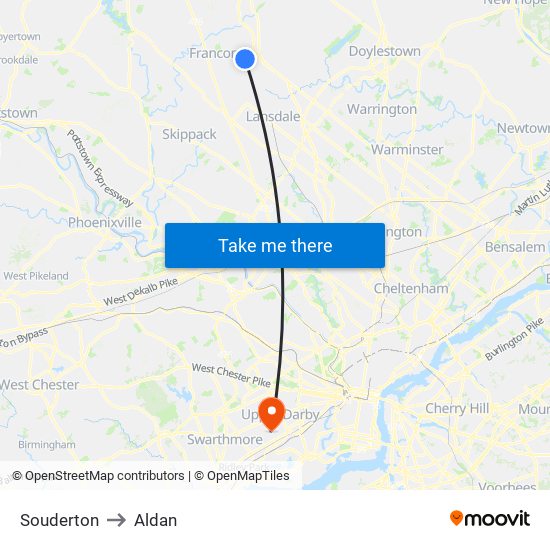 Souderton to Aldan map