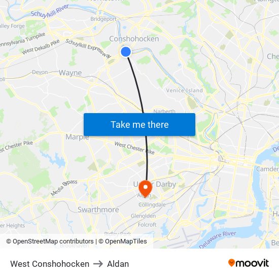 West Conshohocken to Aldan map