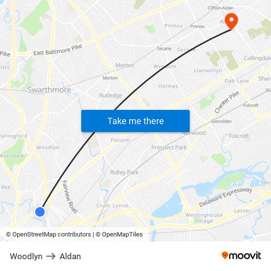 Woodlyn to Aldan map