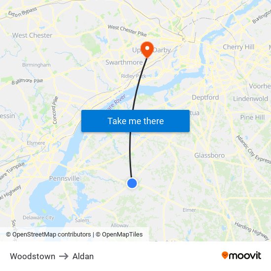 Woodstown to Aldan map