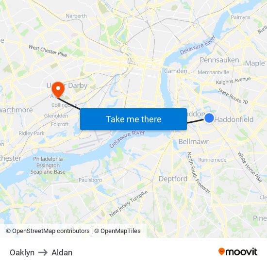 Oaklyn to Aldan map