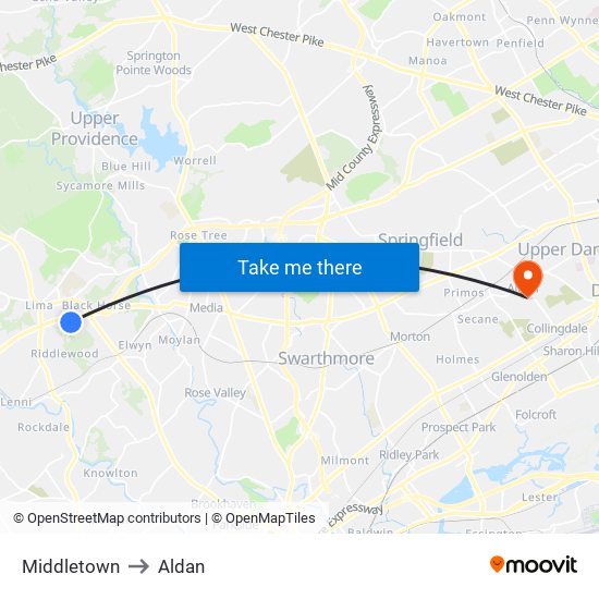 Middletown to Aldan map