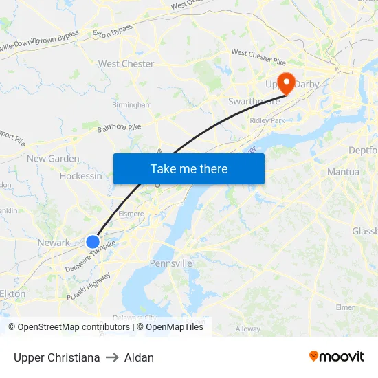 Upper Christiana to Aldan map