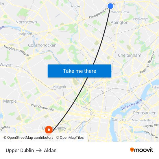 Upper Dublin to Aldan map