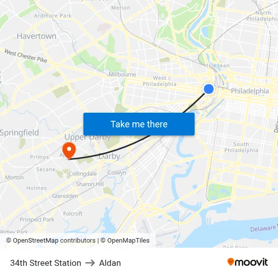 34th Street Station to Aldan map