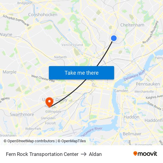 Fern Rock Transportation Center to Aldan map