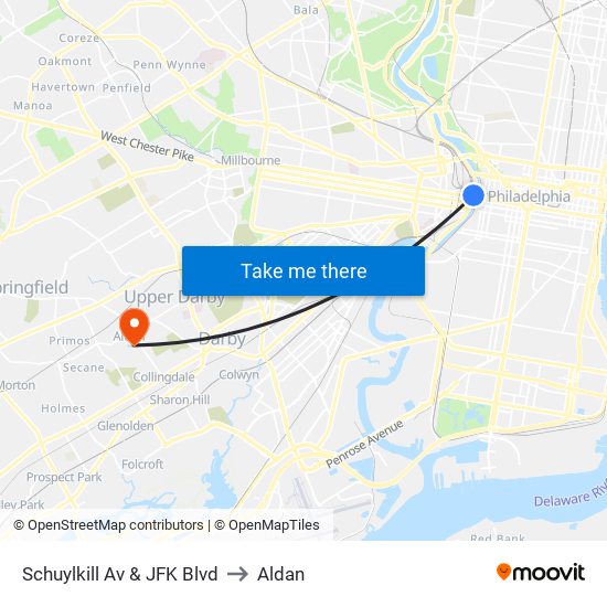 Schuylkill Av & JFK Blvd to Aldan map