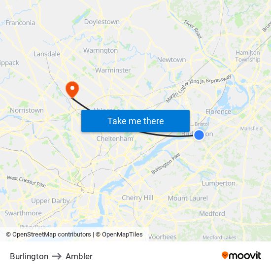Burlington to Ambler map