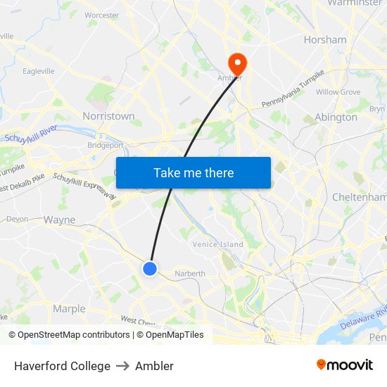 Haverford College to Ambler map