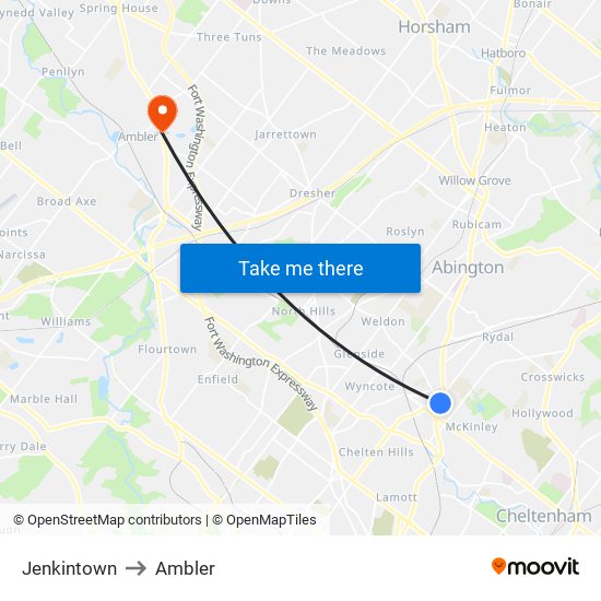 Jenkintown to Ambler map