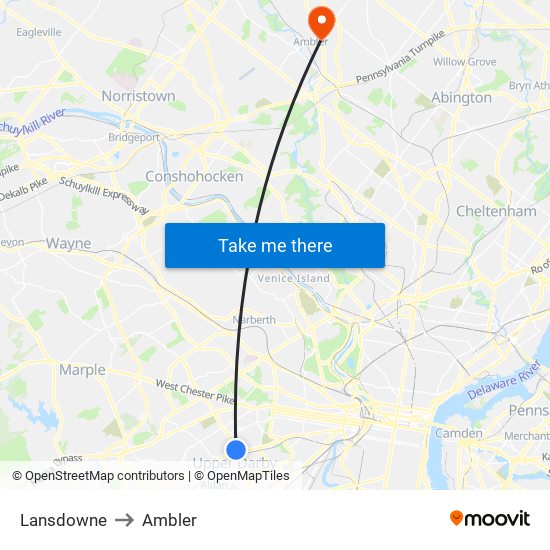 Lansdowne to Ambler map