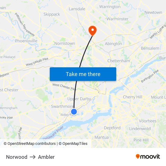 Norwood to Ambler map