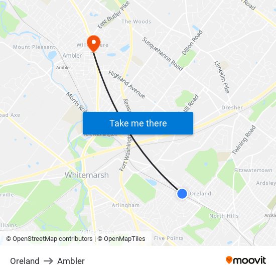 Oreland to Ambler map