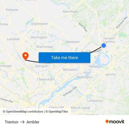 Trenton to Ambler map