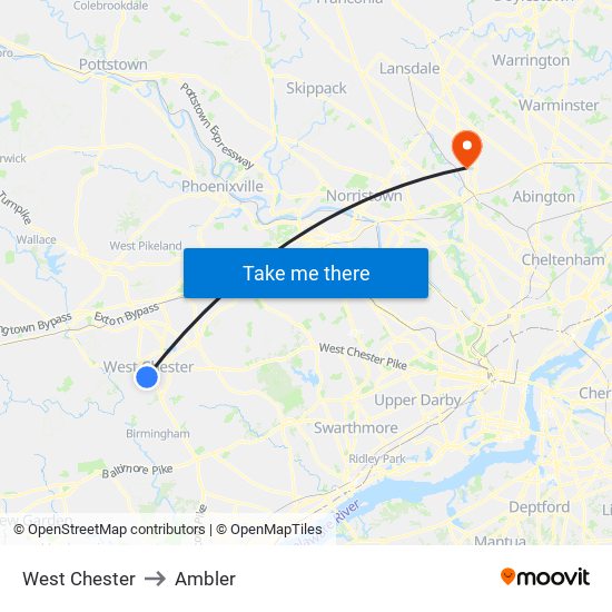 West Chester to Ambler map