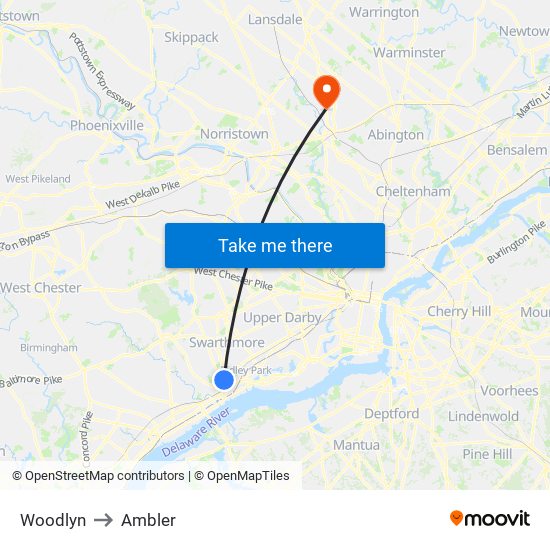 Woodlyn to Ambler map