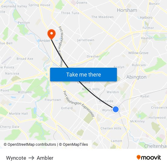 Wyncote to Ambler map