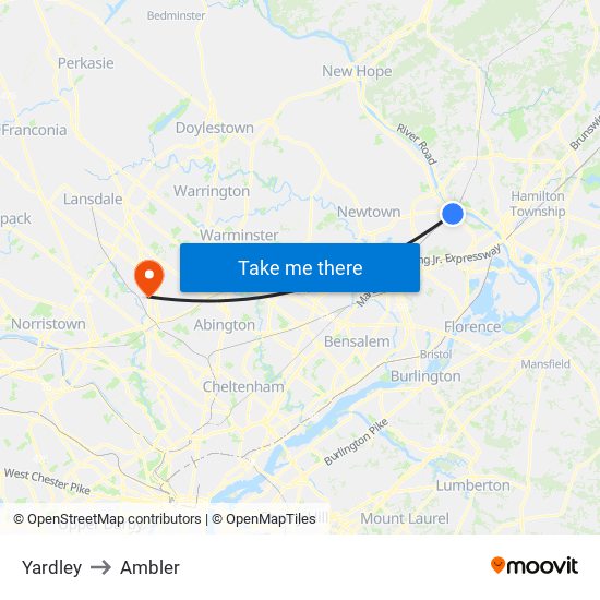 Yardley to Ambler map