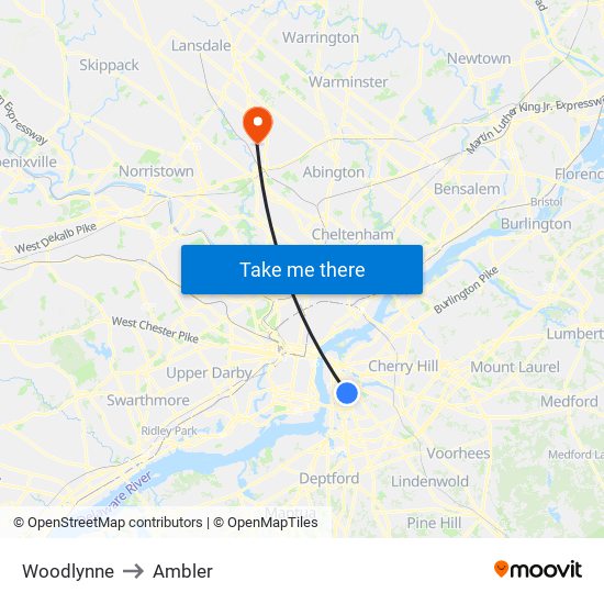 Woodlynne to Ambler map