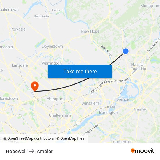 Hopewell to Ambler map