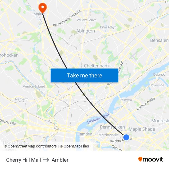 Cherry Hill Mall to Ambler map
