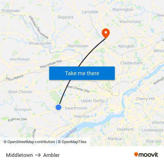 Middletown to Ambler map