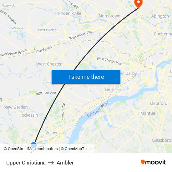 Upper Christiana to Ambler map
