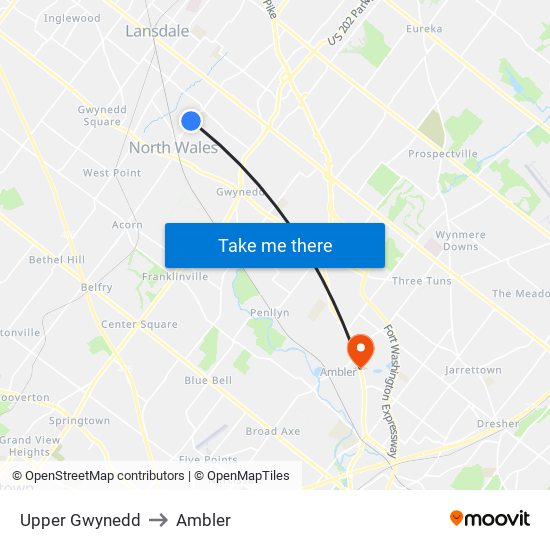 Upper Gwynedd to Ambler map