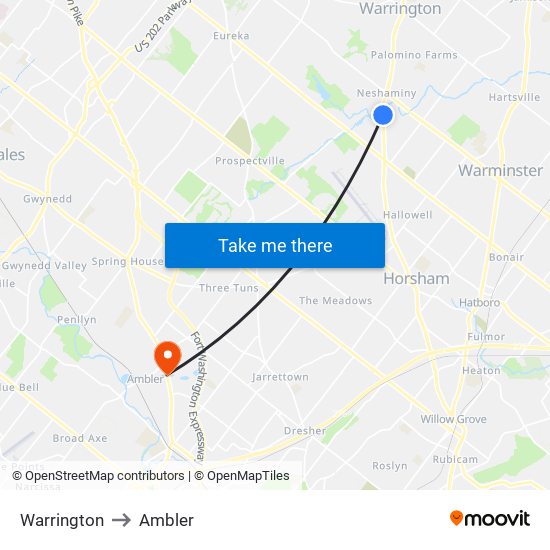 Warrington to Ambler map