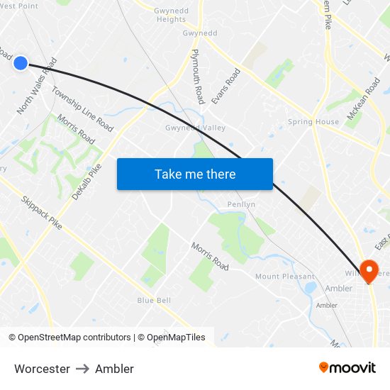 Worcester to Ambler map