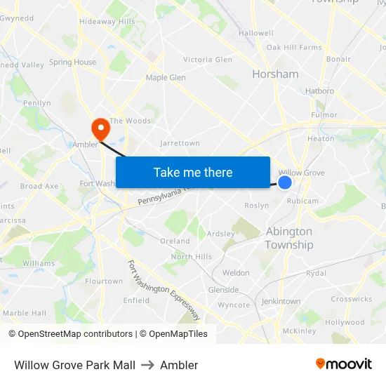 Willow Grove Park Mall to Ambler map